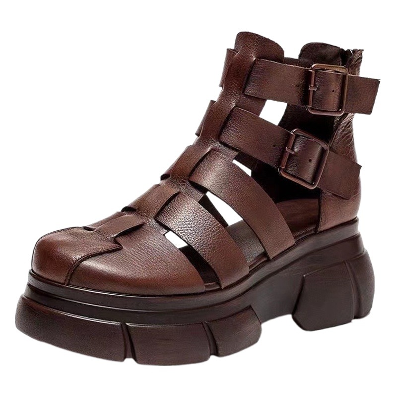 Sandalias retro de cuero suave para mujeres 2023 verano nueva plataforma hueca cuña todo partido sandalias romanas de tacón alto