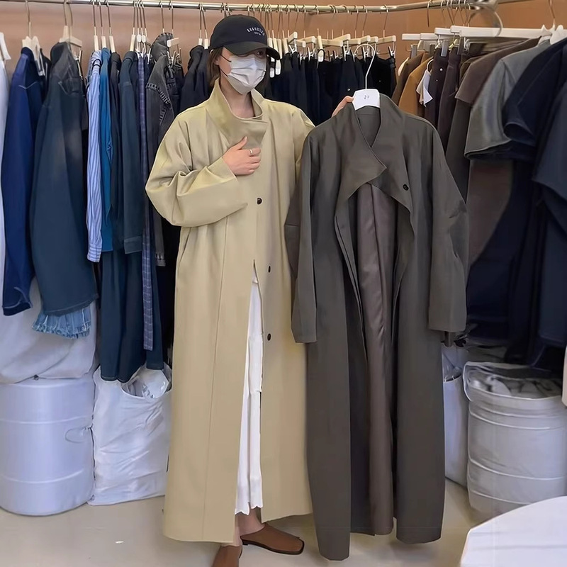 Korean Style Super Mid-Length Loose Waist Belt Stand Collar Lapel British Lazy Style Windbreaker Jacket for Women Spring & Fall