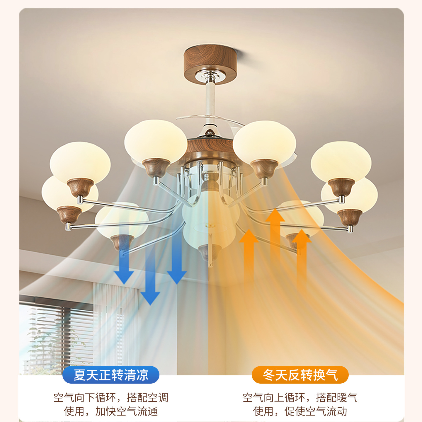 Lámpara Colgante con Ventilador Invisible para Sala 731L de Hierro y PVC para Sala de Estar y Comedor