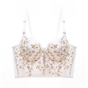French Sexy Underwear for Women, Retro Embroidered Lace Soft Steel Ring Bra, Big Breasts, Small Anti-Sagging Bra
