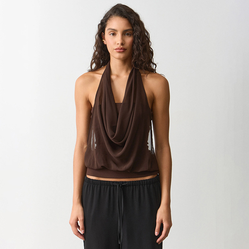 2026 primavera y verano nuevo temperamento de moda sin mangas cuello colgante laminado camiseta de espalda de mujer image 1