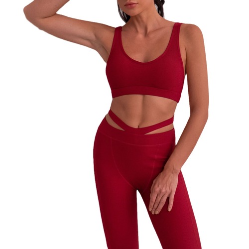 Tight breathable European and American yoga clothes for women, ribbed beautiful back sports bra, breathable tight yoga pants set