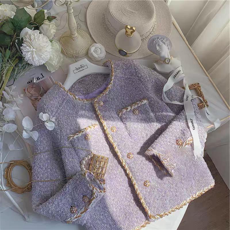 Tweed Style Lavender Purple Tweed Short Outwear for Women Autumn and Winter 2024 New High-End Sense This Year's Popular Color