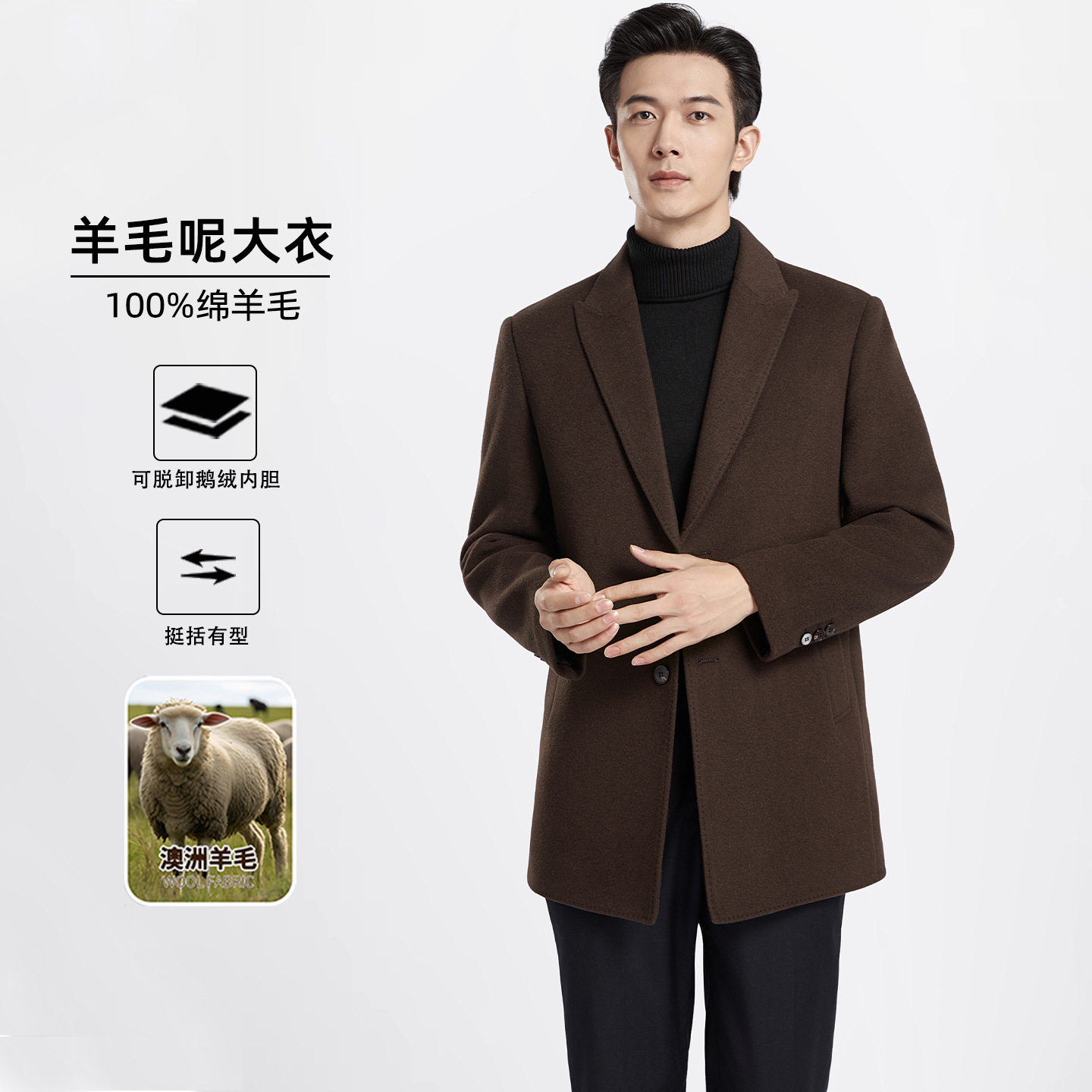 男士100%双面呢羊毛大衣秋冬轻商务中长款羽绒内胆西装领呢子外套