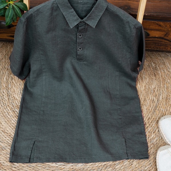 Cross-Border Designer Summer Linen Short-Sleeved Shirt for Men, Light, Breathable, Simple, Thin T-Shirt Lapel Top Cross-Border Designer Summer Linen Short-Sleeved Shirt for Men, Light, Breathable, Simple, Thin T-Shirt Lapel Top