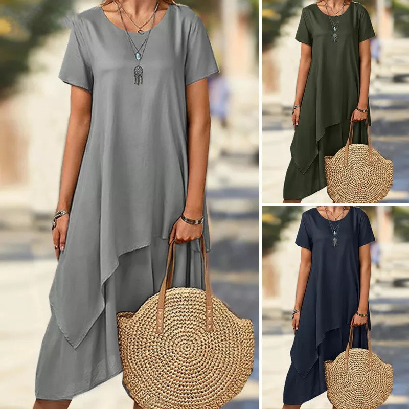 2023 Cross-border European and American Women's Short-sleeved Round Neck Casual Asymmetric Hem Solid Color Mid-length T-shirt Dress