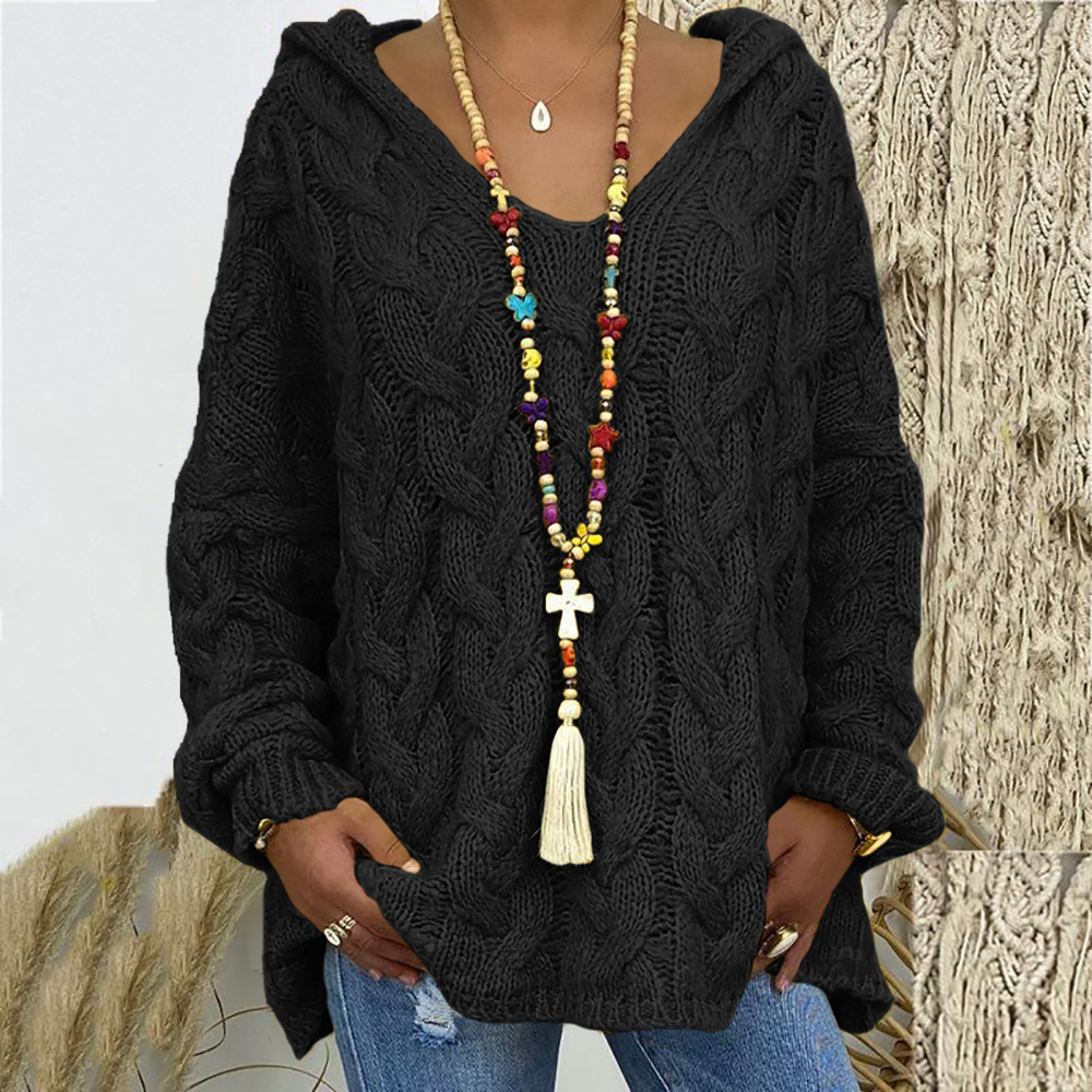 Twist Knitted V-neck Hooded Loose Sweater nihaostyle clothing wholesale NSOY68979