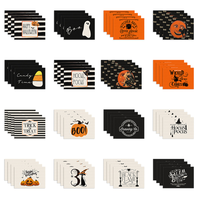 Halloween Placemat with Scary Pumpkin Head and Black Cat Print, Faux Linen Placemat, Halloween Decoration, Non-Slip Table Mat