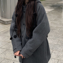 韩国INS甜美日系学院风连帽夹棉加厚毛呢外套小个子大衣