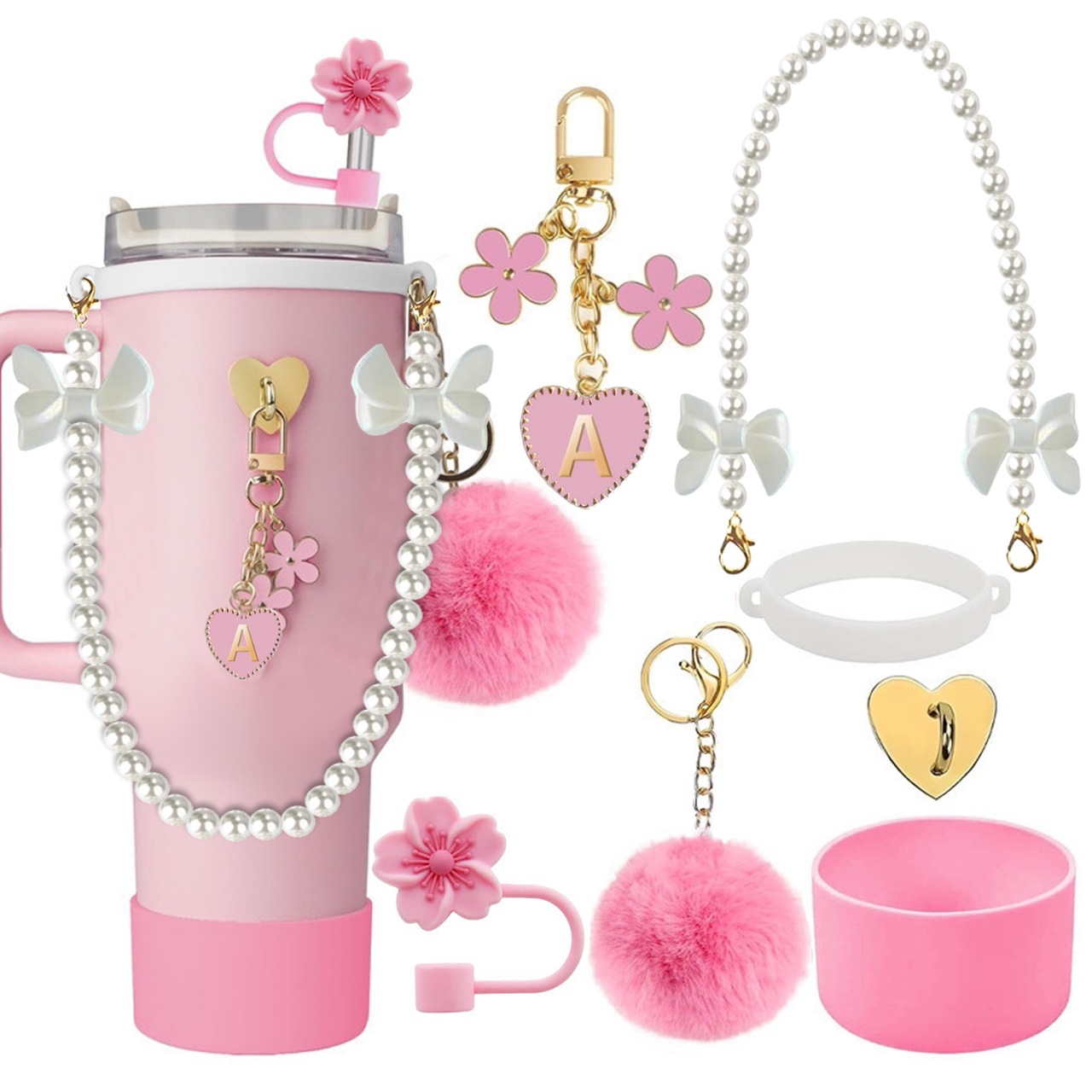 Accesorios de taza Stanley colgante de cuerda de mano flor de silicona gorra de paja de peluche colgante de taza cadena de taza de color cubierta de taza