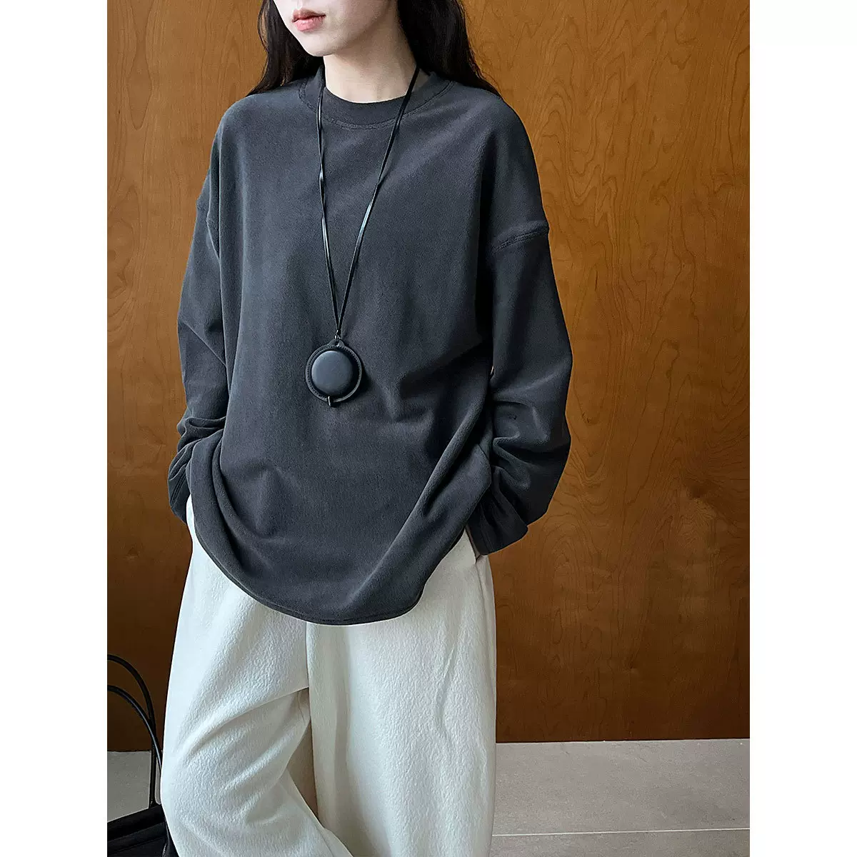 鹿西 韩系软糯摇粒绒长袖打底衫女冬季新款磨毛百搭圆领卫衣2119