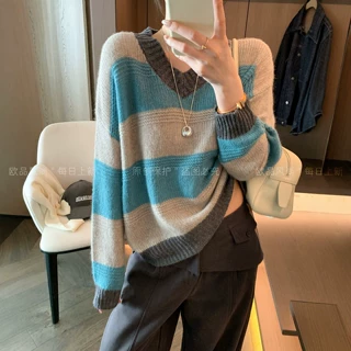 撞色条纹V领绵羊毛针织衫女欧洲站2026早秋新款欧货女装打底毛衣