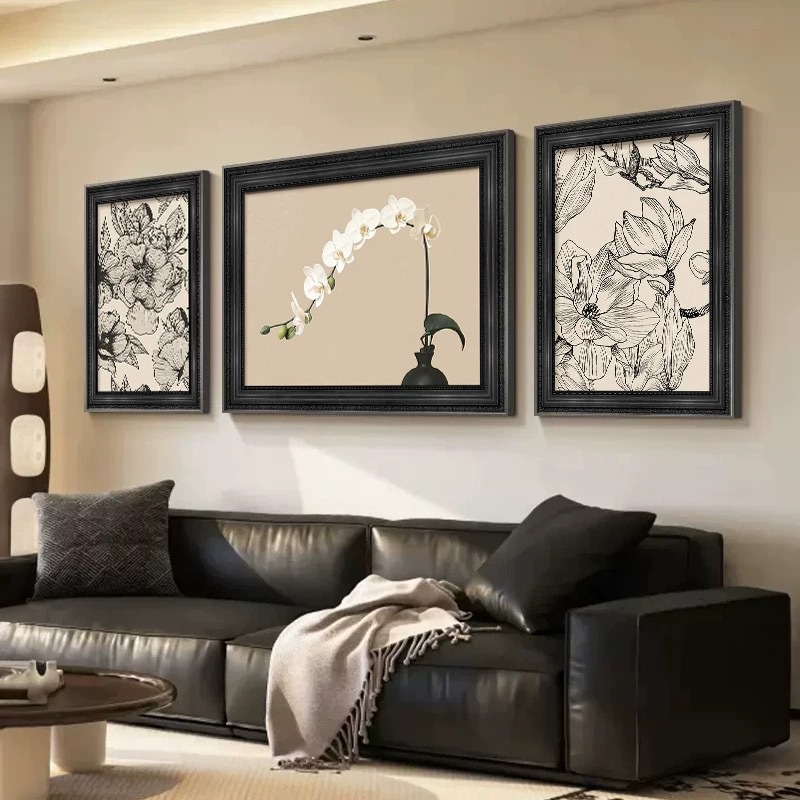 中古风客厅装饰画感蝴蝶兰壁画复古法式三联沙发背景墙挂画