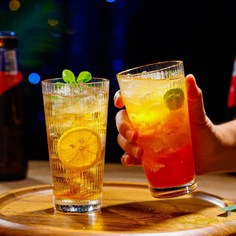 日式簡約金邊豎紋玻璃杯創意冷飲啤酒杯家用牛奶杯加厚玻璃水杯