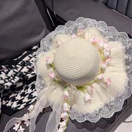 晴纱新款遮阳防晒夏季网纱草帽花朵沙滩度假太阳帽遮阳帽海边帽子