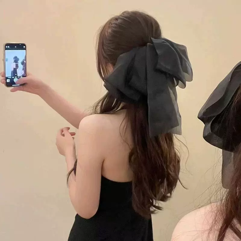 网纱大蝴蝶结头饰黑色双面发夹女后脑勺盘发横夹高颅顶神器弹簧夹