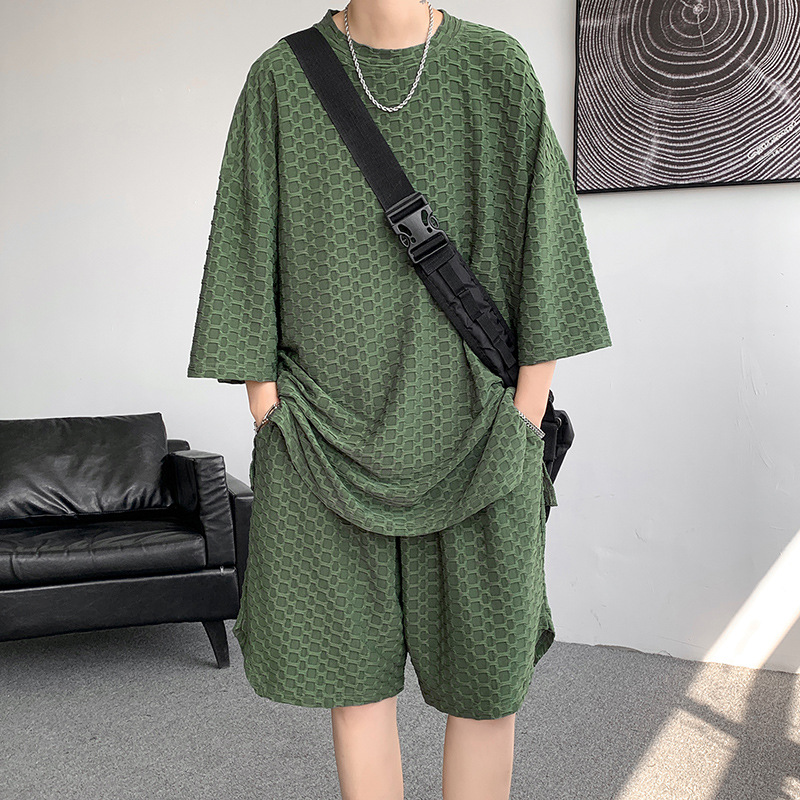 Casual traje deportivo de los hombres de verano de moda de estilo de Hong Kong ins suelta pantalones cortos de manga corta más tamaño cómodo traje de dos piezas de moda