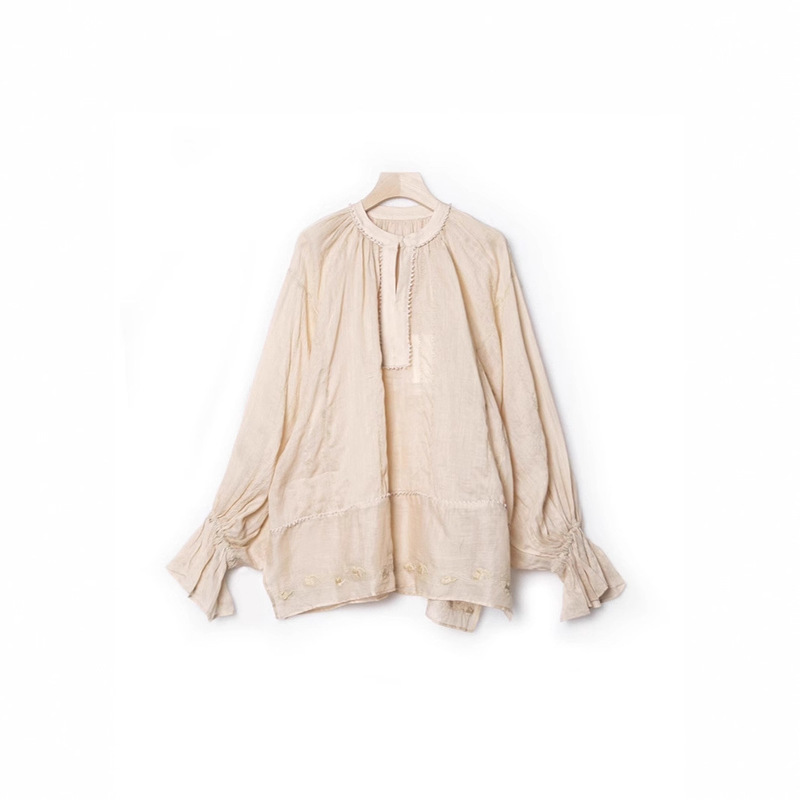 Ramie Webbing Loose Embroidered Shirt French Holiday Light and Fairy Puff Sleeve Top
