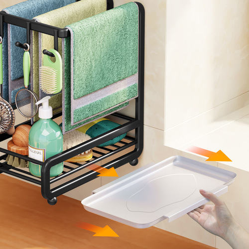 Kitchen rag rack, no punching, wall-mounted storage rack with water tray, multi-functional sponge washing and clearing countertop storage rack