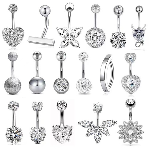 Navel Ring with European Back, Rhinestones, Heart-Shaped Round Head, Double 1.6mm Thick Rod Piercing Navel Jewelry
