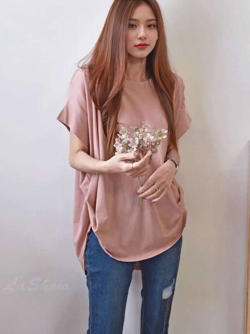 Cross-Border 2025 Summer New Loose Versatile Solid Color Plus-Size Round Neck Irregular Hem Top T-Shirt