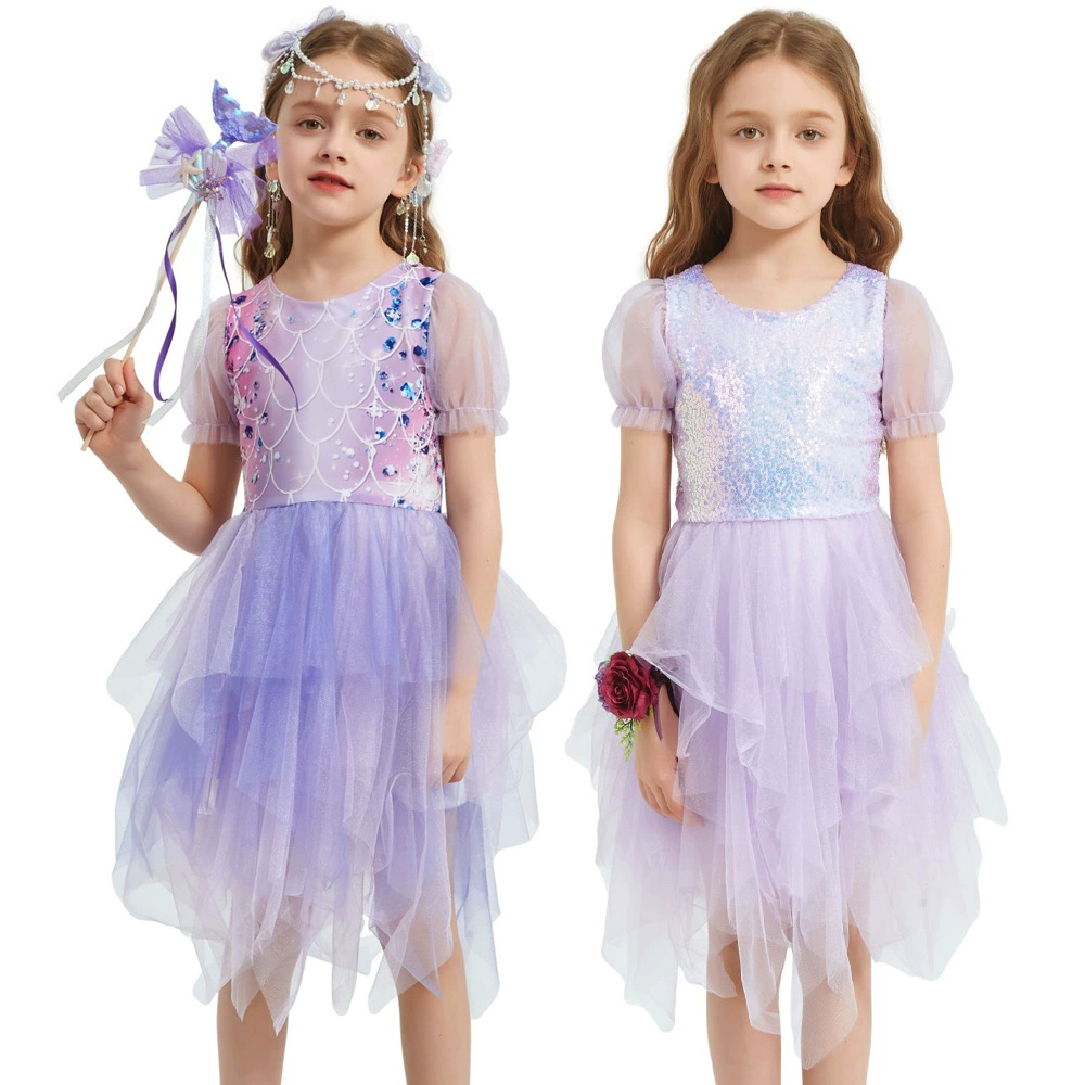 Платье русалки для девочек на Хэллоуин, детское платье принцессы с пайетками и пышными рукавами, детское платье для выступлений, летнее платье