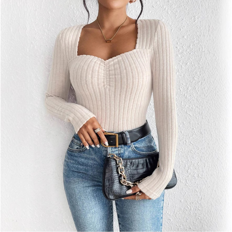 Amazon AliExpress Monopoly Cross-border Women's Wear 2025 Fall/Winter New Chest Pleated Slim Fit Knitted Basing T-Shirt Amazon AliExpress Monopoly Cross-border Women's Wear 2025 Fall/Winter New Chest Pleated Slim Fit Knitted Basing T-Shirt
