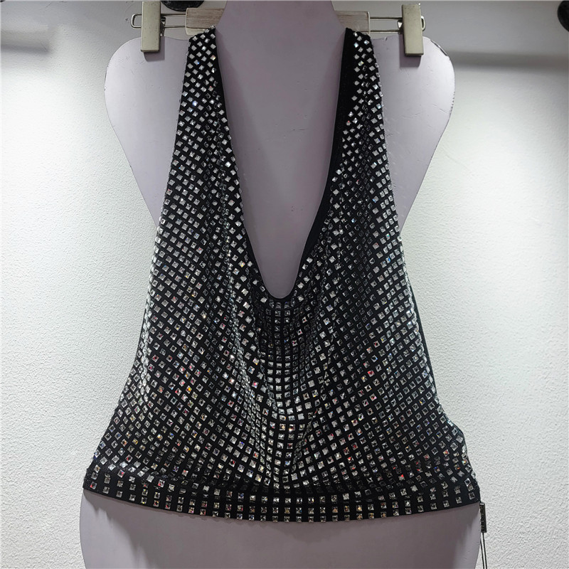 Top de Tirantes con Cuello Halter de Poliéster y Pedrería Plisado para Primavera y Verano
