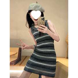 纯欲甜辣风拼色条纹针织吊带背心连衣裙女夏修身显瘦辣妹包臀短裙