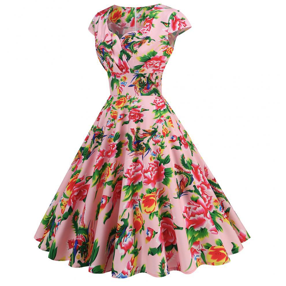 Robe amincissante à imprimé floral rétro et col en V pour femme – Robe d'été élégante mi-longue à manches courtes_voghion.com