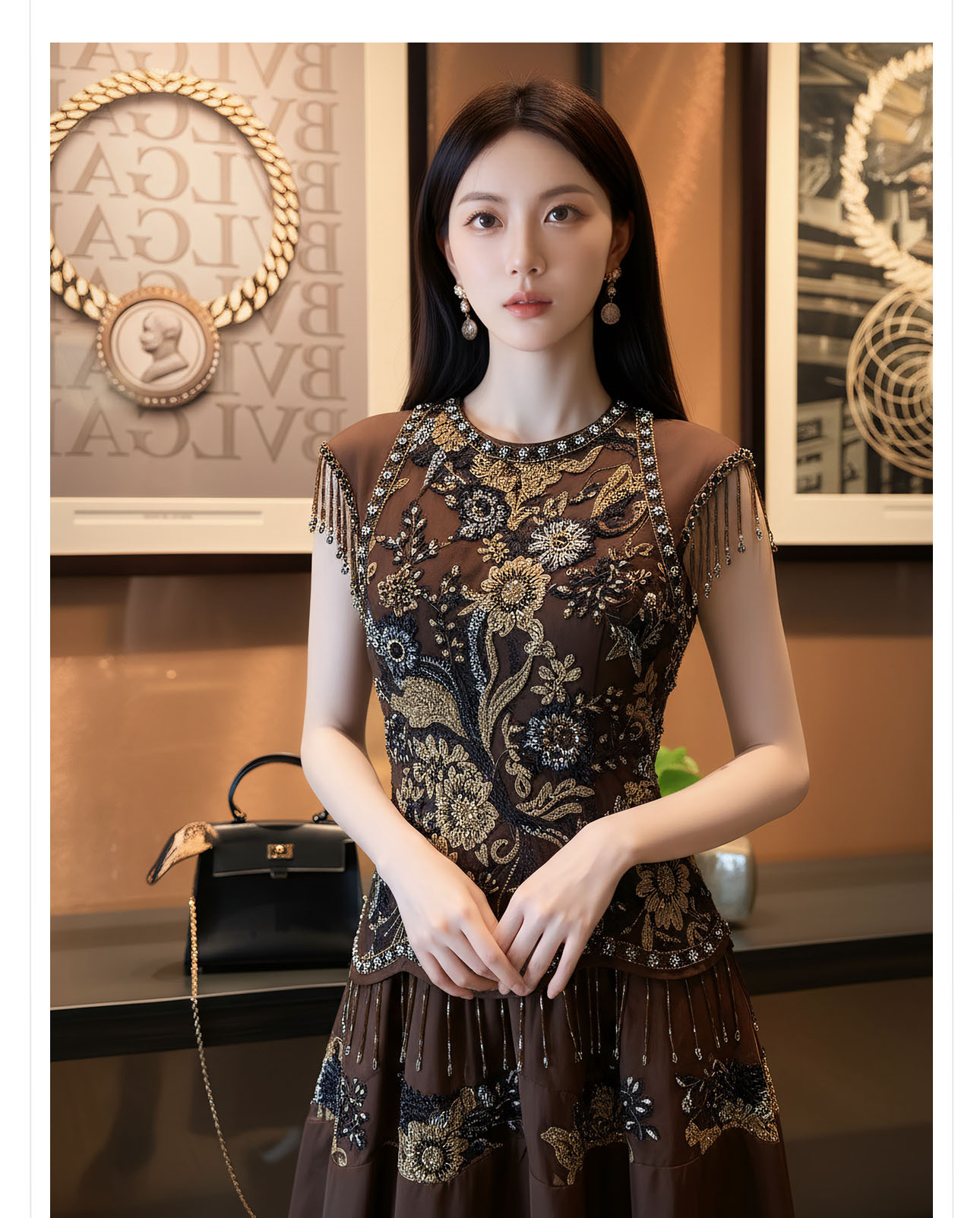 Đầm maxi nữ thắt eo phong cách Tân Trung Hoa, cổ tròn, đính cườm thêu ren, thiết kế vintage — Màu cà phê chi tiết 3