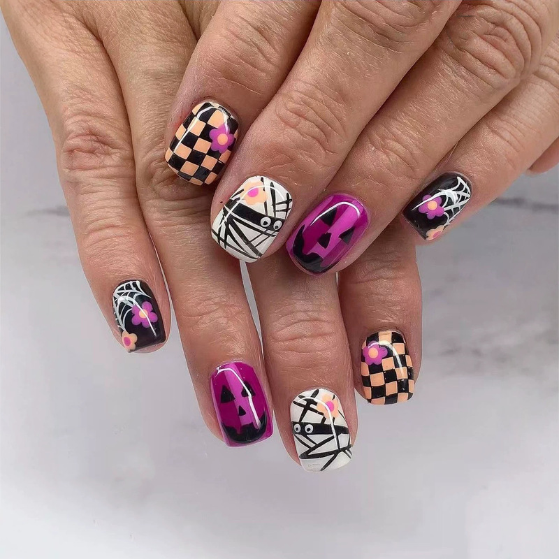 New Halloween Purple Pumpkin Mummy Nail Art, Checkered Short Square Nail Tips, Sweet Cool Style Factory Wholesale New Halloween Purple Pumpkin Mummy Nail Art, Checkered Short Square Nail Tips, Sweet Cool Style Factory Wholesale