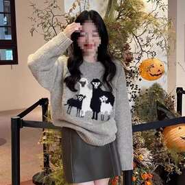 韩版秋冬复古浣熊绒加厚毛衣女秋冬软萌小羔羊提花羊毛圆领针织衫