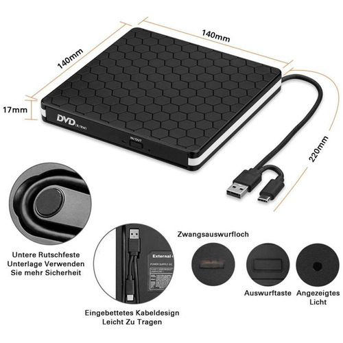 USB external optical drive, laptop DVD burner, disc player, optical drive, portable CD
