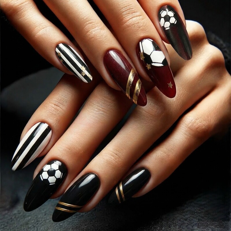 3D Football-Themed Almond-Shaped Wine Red Striped Design Fake Nails with Gold Star Decoration Sj-02