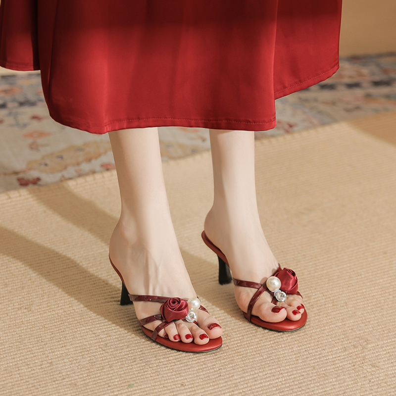7291-1 Women's High-Heeled Slippers With Thin Heels, 2026 Summer New Style, Outdoor Flip-Flop Sandals, Red Rose Sandals_vogvips.com