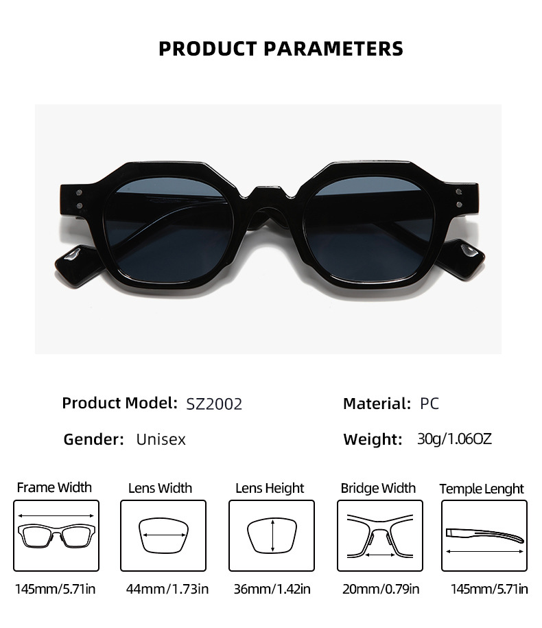 50g Weight Full Frame Glasses Structure Sunglasses Classification PC, UV400 Protection Lens Material Polygon Glasses Style Travel, Street Occasion Solid Color Pattern Unisex Gender Simple Style, Streetwear Style Grey, Black Color Simple Style Streetwear Solid Color PC UV400 Protection Polygon Full Frame Men's Sunglasses 2