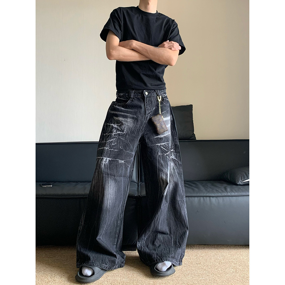 American Retro Cleanfit Washed Distressed Jeans Men's Niche Lightning Pattern Vibe Loose Wide-Leg Long Pants