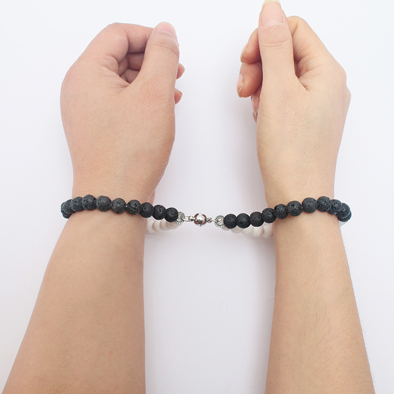 new volcanic stone beads bracelet titanium steel sun moon magnet bracelet a pair of hand jewelrypicture4