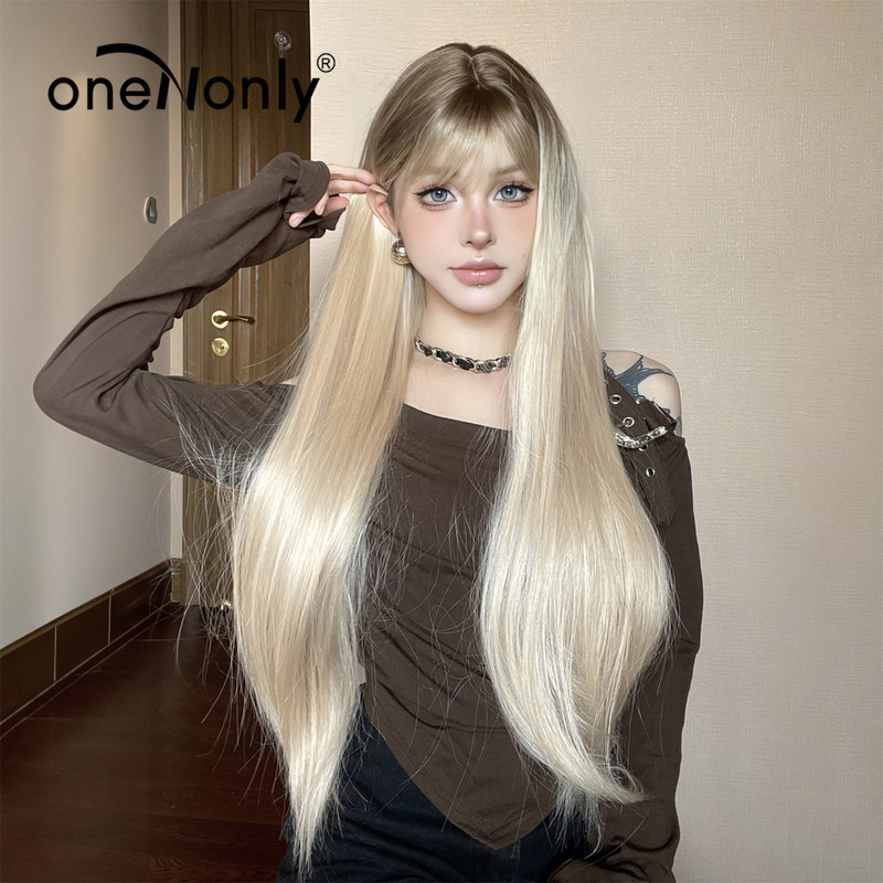 Cross-border Wig Women's Long Hair Natural Copper Brown Long Straight Hair Cyber Celebrity Same Style Elegant Simulation Human Chemical Fiber Wig Full Head Cover