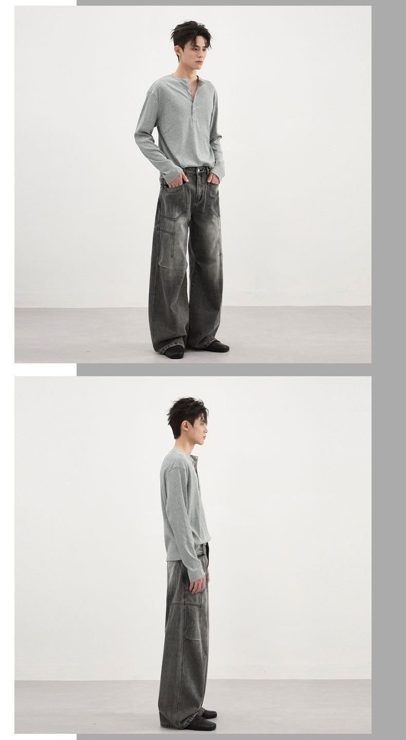 LKTM Men's American Streetwear Zip-Pocket Cargo Denim Pants Relaxed Fit Patchwork Straight-Leg Jeans Unisex_viptrois.com