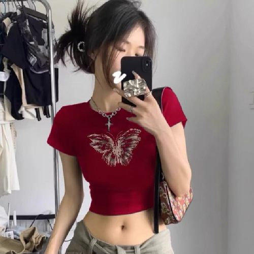French sweet babes short short-sleeved t-shirt women's new style unique and chic slim design beautiful waist top