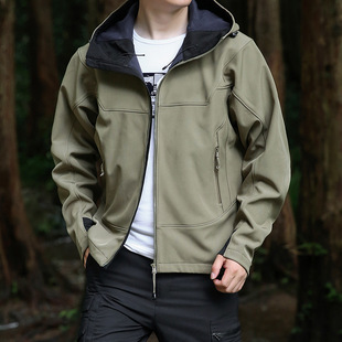 Soft Shell Jacket fleece-lined Men's Overwear Jacket Autumn and Winter Fleece Outdoor Windproof Waterproof Hooded Sports Jacket