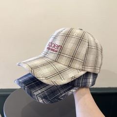 韩系格纹拼色ins刺绣棒球帽女加深加宽显脸小情侣出街复古 鸭舌帽
