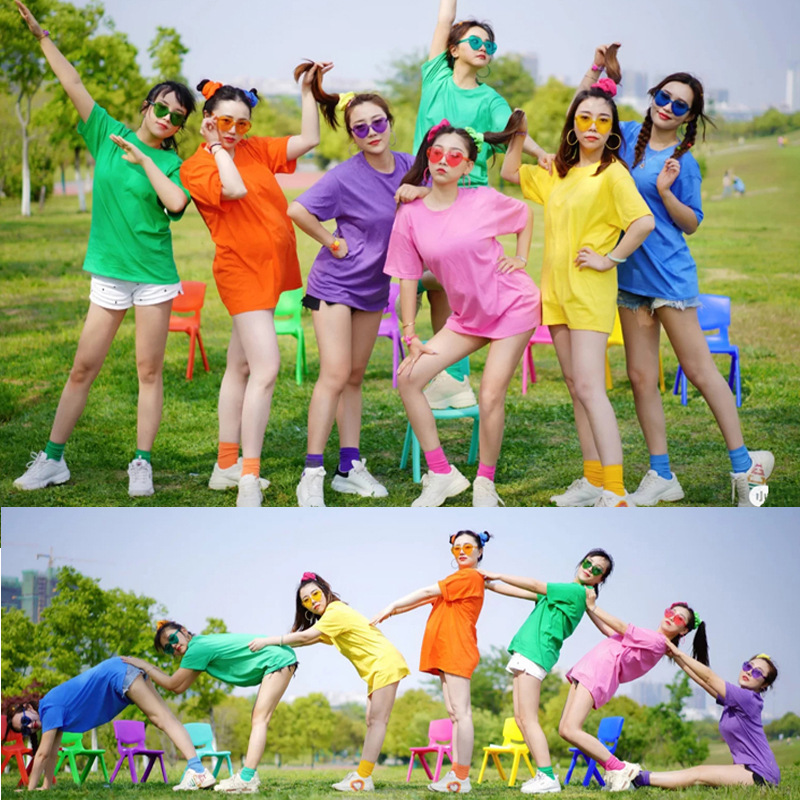 Girlfriend Loose Candy Color Student Five-point Crewneck Party Class Clothes Team Short-sleeved T-shirt Sisters Women's Top Girlfriend Loose Candy Color Student Five-point Crewneck Party Class Clothes Team Short-sleeved T-shirt Sisters Women's Top