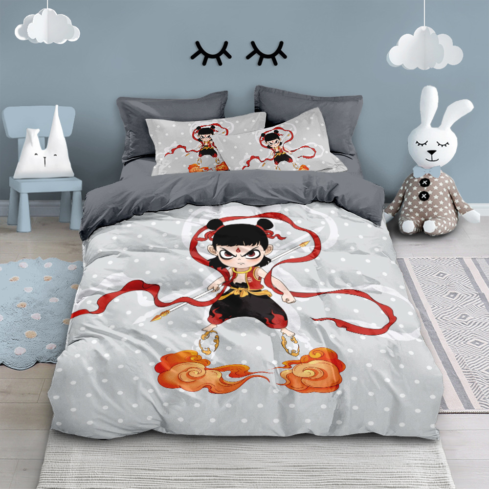 Nezha Four-Piece Quilt Cover Set Pure Cotton Kidsren's Bedroom Cartoon Cute Bed Bed Sheets Pillowcase Pure Cotton Bedding Three-Piece Set