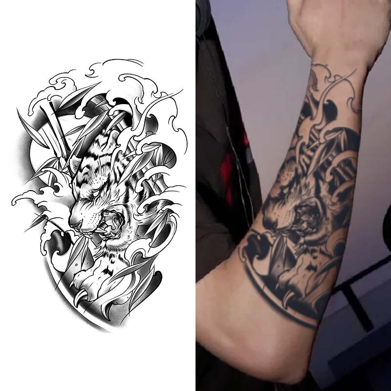 Cross-Border National Trend Ink Tiger Flower Arm Tattoo Stickers Can Easily Get Personalized Temporary Tattoos on Your Arm in an Instant~