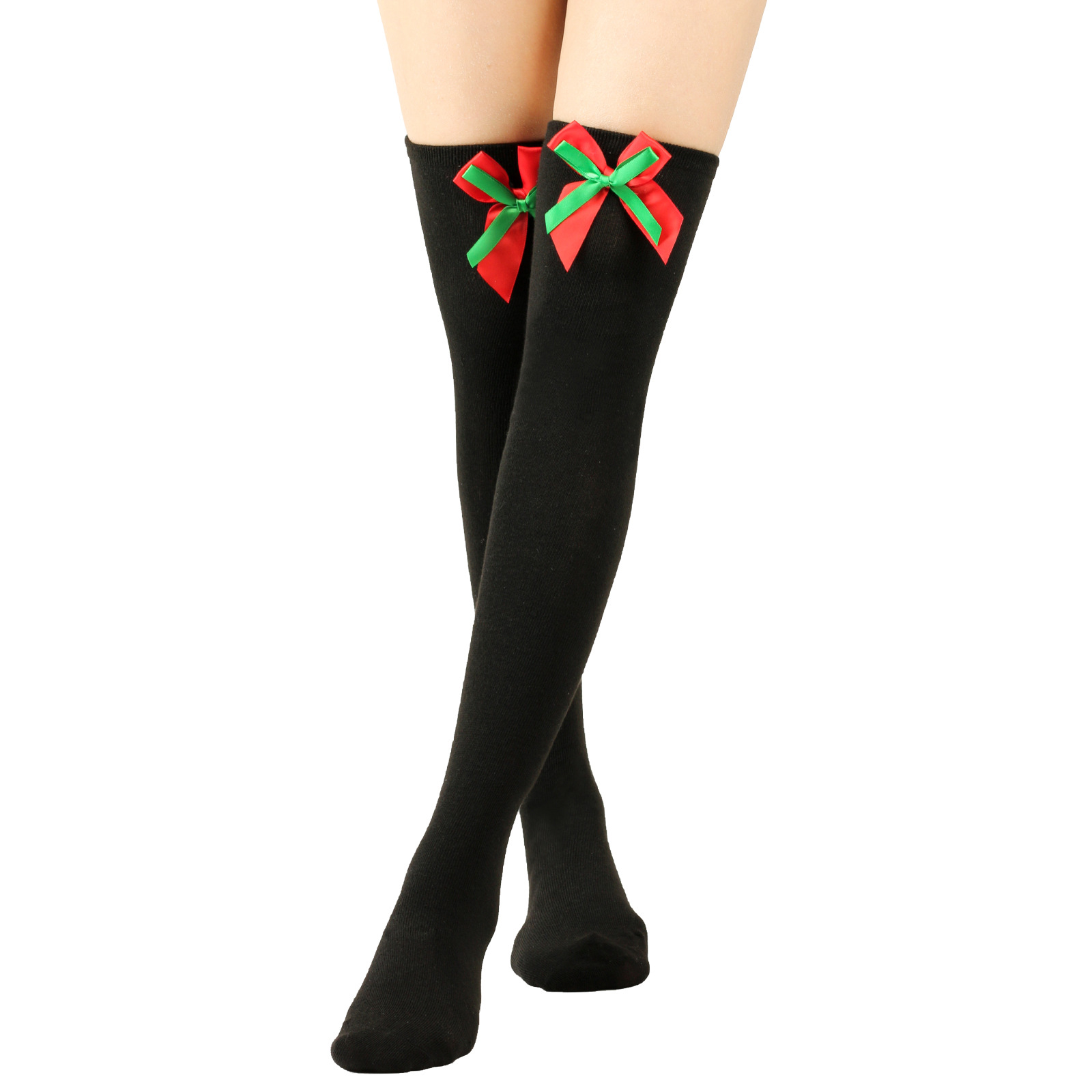 Calzini natalizi unisex con fiocco, calzini a palla, sopra il ginocchio, calzini lunghi da donna, calzini natalizi a righe_voghion.com