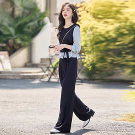 时尚套装女2025秋季新款女装飘带拼接洋气衬衫阔腿裤两件套KX8505