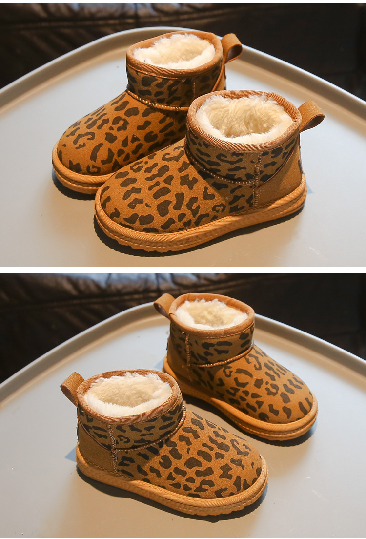 Children's leopard print snow with thick fleece and warm soft sole, medium to children's winter boys' large shoes,_voghion.com
